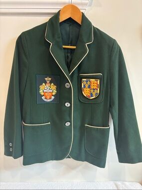 Vintage Dark Green Blazer Jacket with Crest Piping